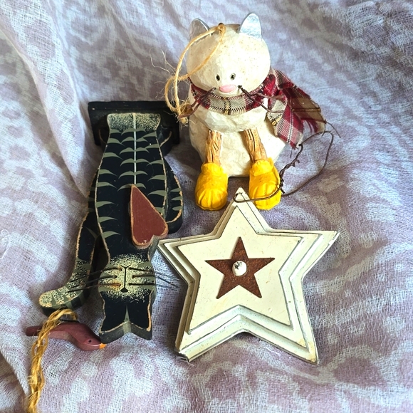 PRIMITIVE Rustic Cat Decor Fall Holiday Ornaments Lot of 3 Star - Picture 6 of 7